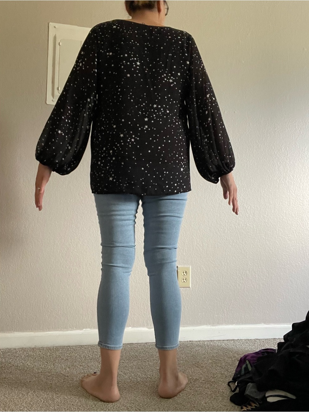 Black Star Print Bishop Sleeve Blouse